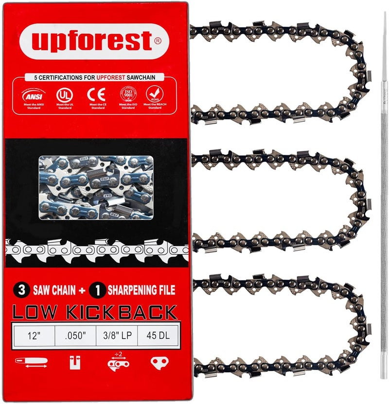 UPFOREST 12" Chainsaw Chain 3/8" LP Pitch, 050" Gauge, 45 DL Fits ECHO CS-271T, CS-280, MAKITA EA3200S,RYOBI P548,EGO CSX3000 DEWALT DCCS620B,GREENWORKS, CRAFTSMAN and More- S45 (3 Chains)(91MOPX45) - Image 1